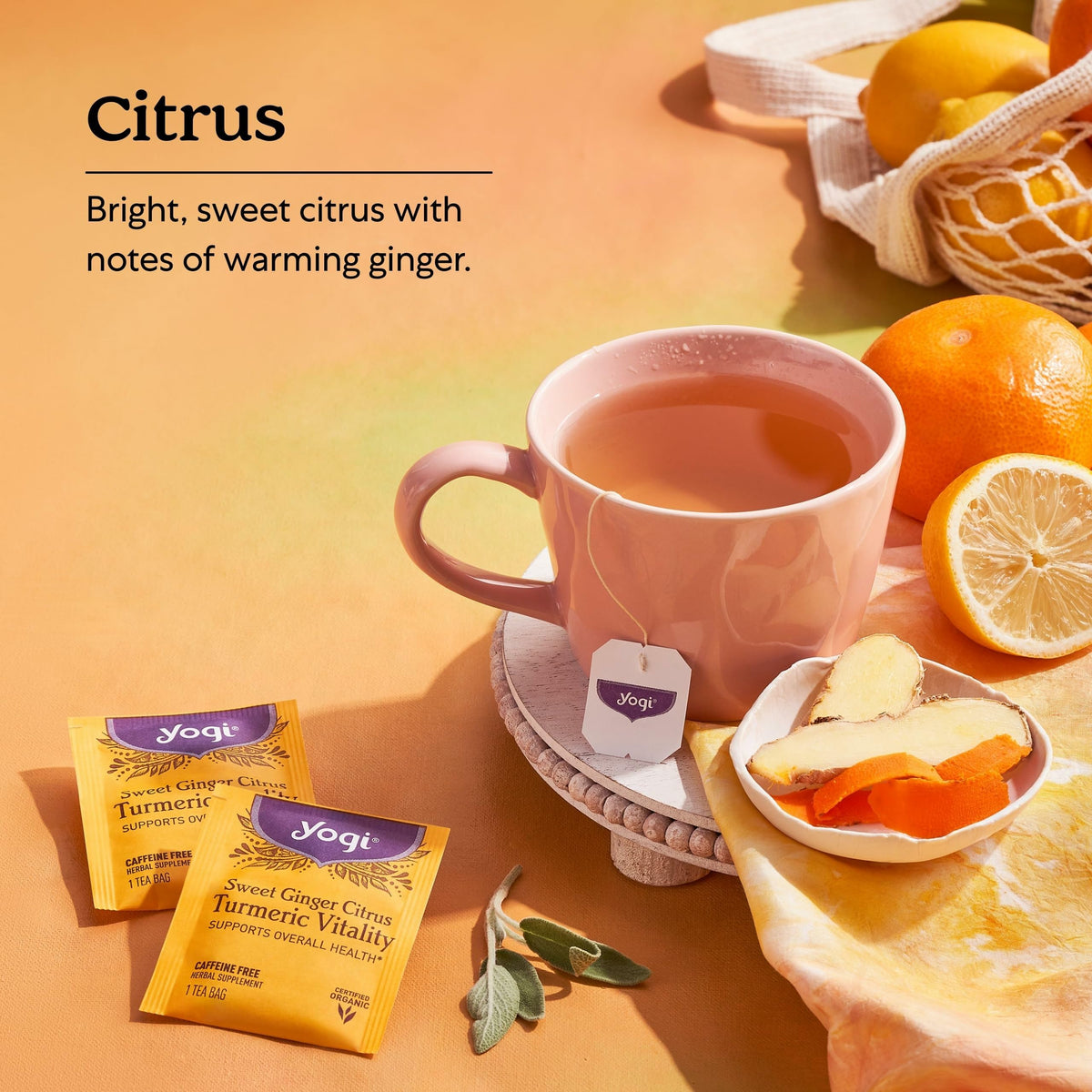 Steeping cup of Yogi Vitality tea showing rich color