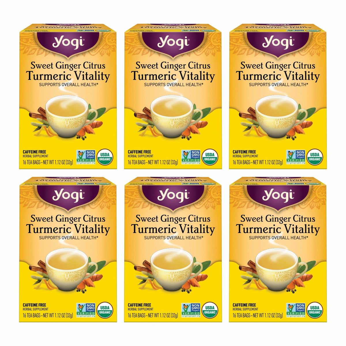 Yogi Sweet Ginger Citrus Turmeric Vitality tea bag in cup with bright aroma