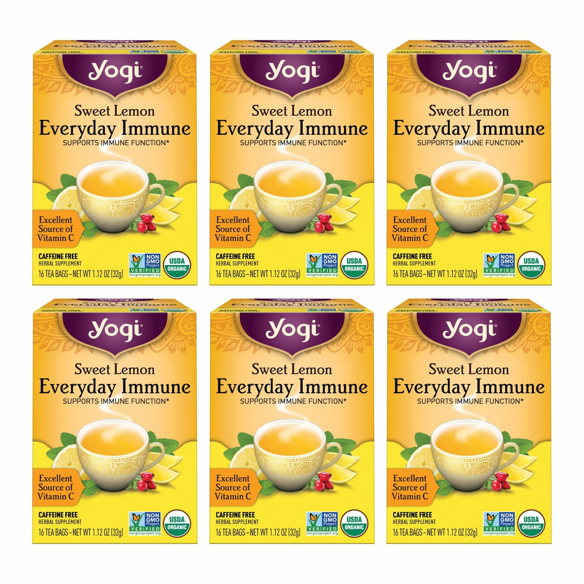 Yogi Tea Sweet Lemon Everyday Immune Tea boxes on display for daily comfort