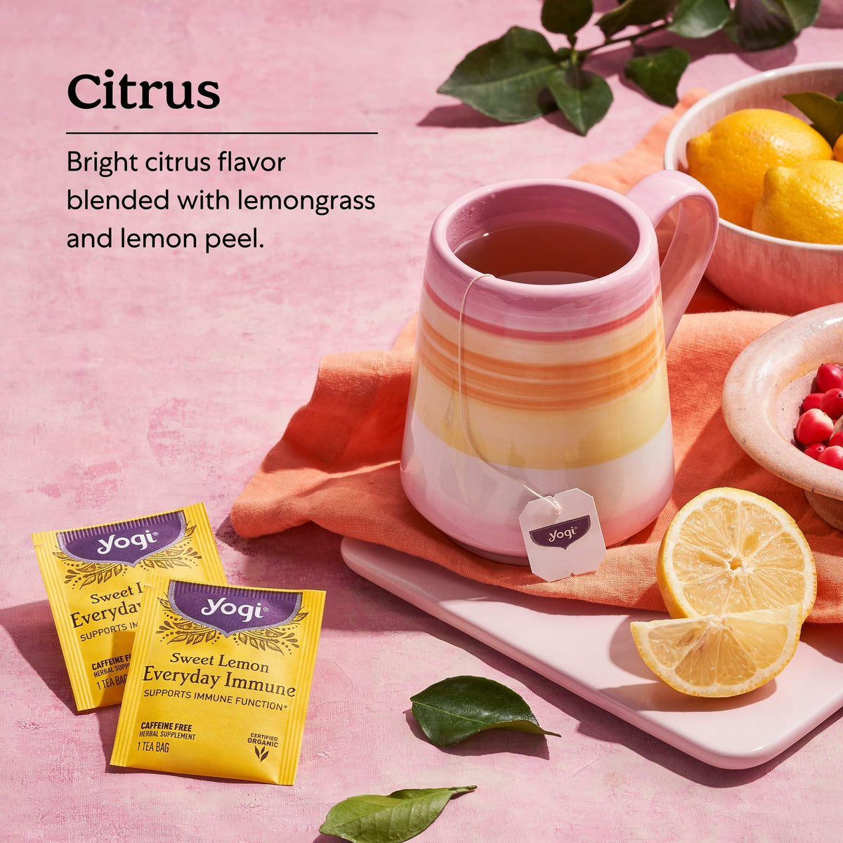 Organic ingredients tulsi lemongrass rose hip lemon peel shown for flavor