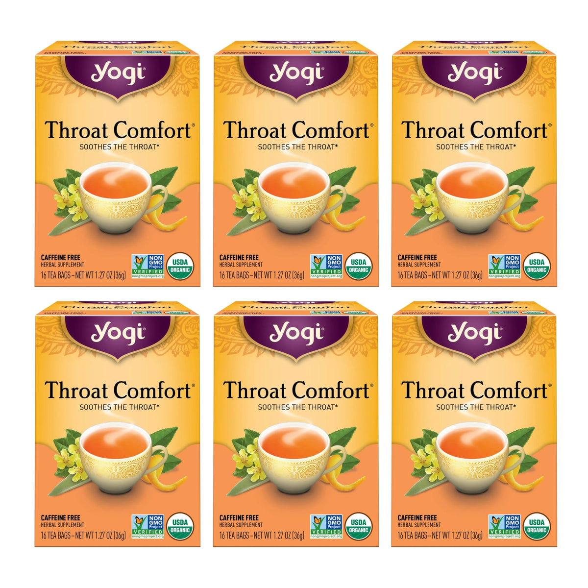 Yogi Throat Comfort tea bags in a box for a gentle soothing ritual