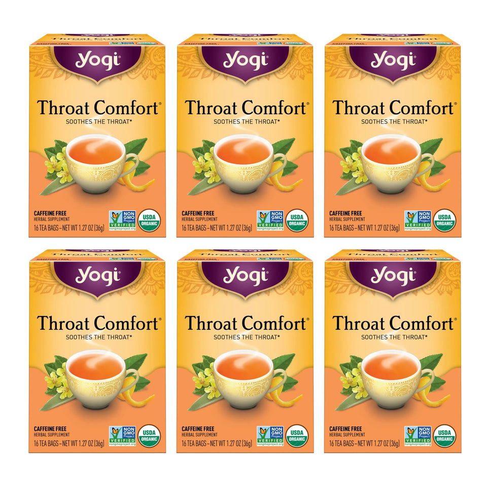 Yogi Throat Comfort tea bags in a box for a gentle soothing ritual
