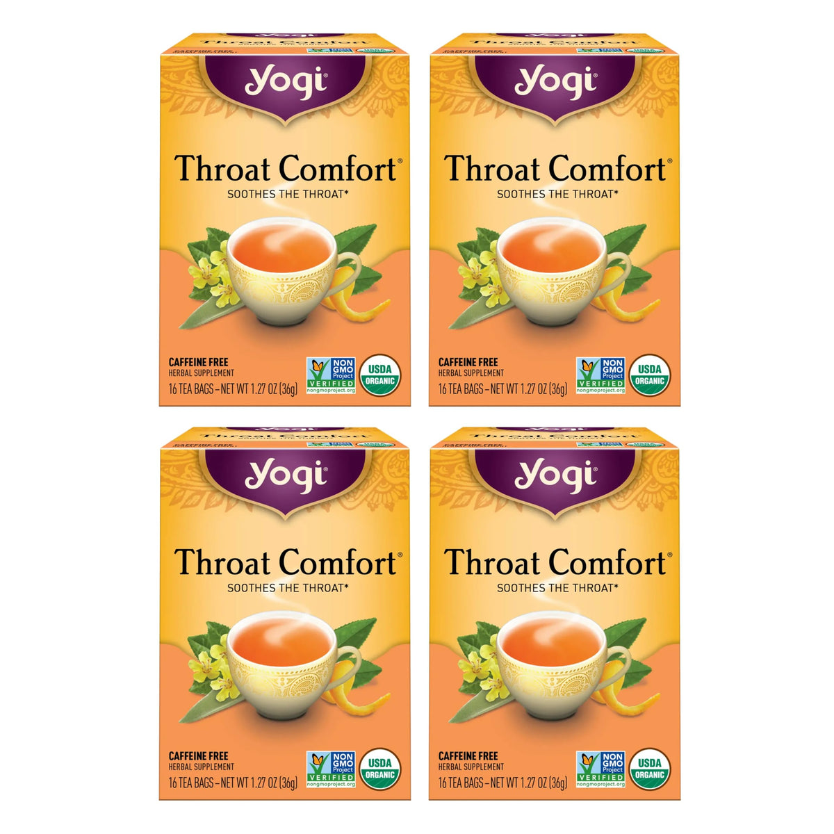 Yogi Throat Comfort tea bags in pack for easy brewing.