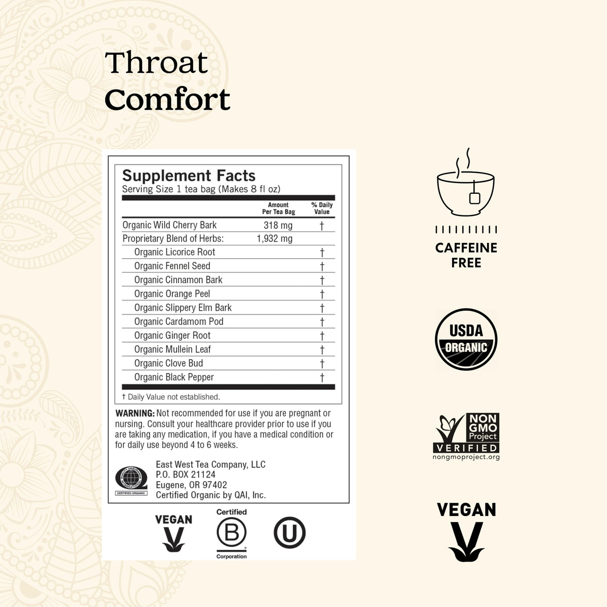 Yogi Throat Comfort wild cherry bark visible for a fragrant, soothing cup