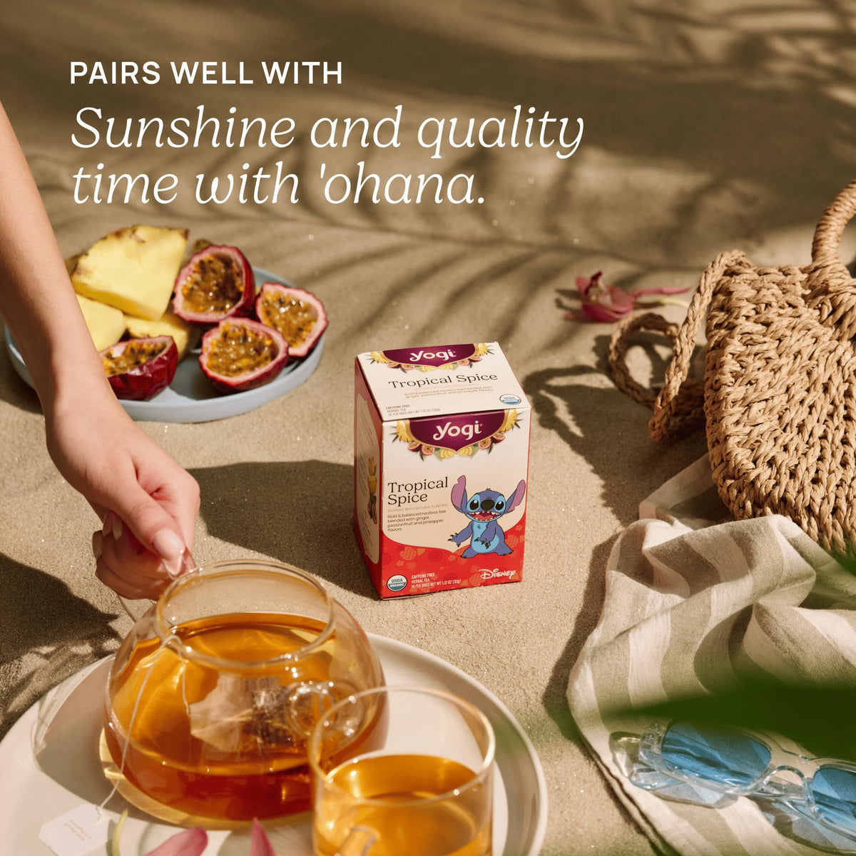 Yogi Tropical Spice Tea with fresh ginger slices, signaling warming spice aroma.