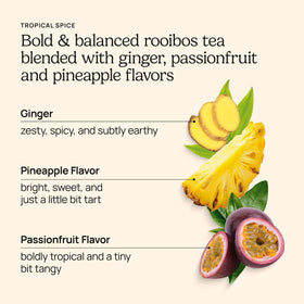 Yogi Tropical Spice Tea packaging close-up, showing organic and vegan labels.