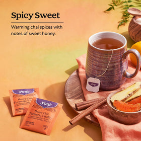 Yogi turmeric spice blend highlights cinnamon, cardamom, and ginger for a comforting aroma.