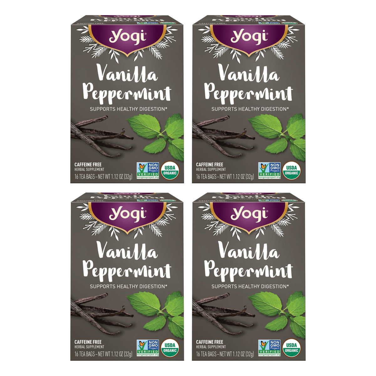 Yogi Vanilla Peppermint tea 4-pack box with festive packaging for gifting
