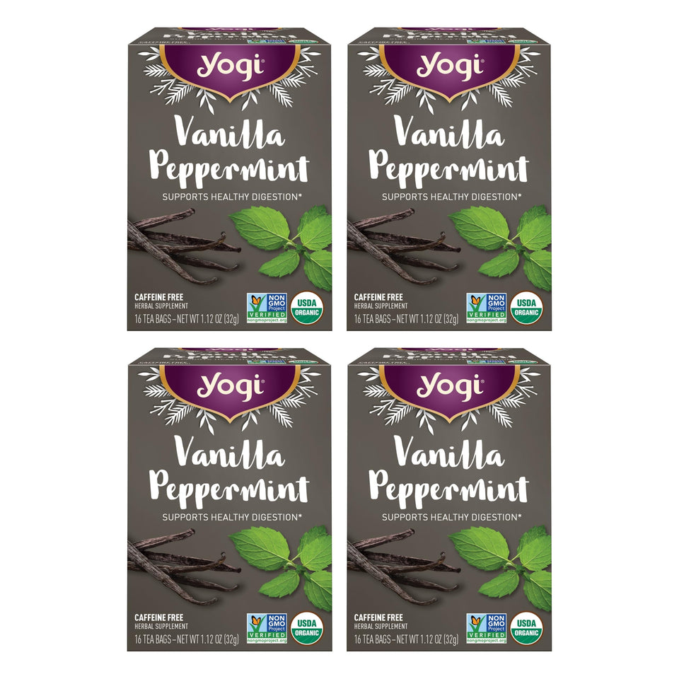 Yogi Vanilla Peppermint tea 4-pack box with festive packaging for gifting