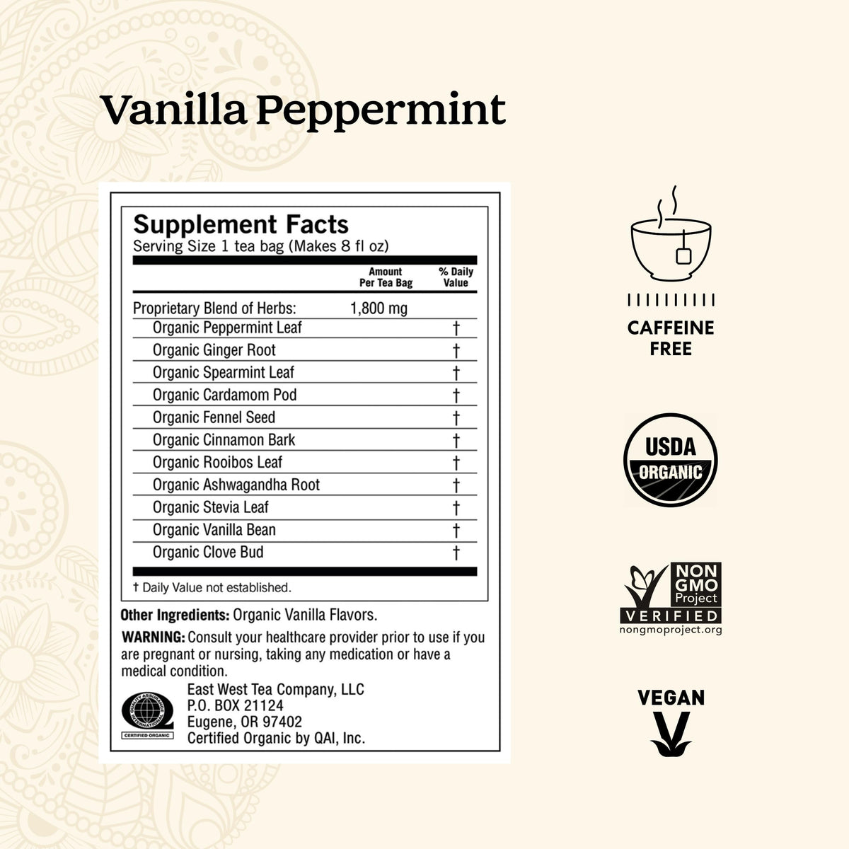 Yogi Vanilla Peppermint tea bags inside box ready for cozy evenings