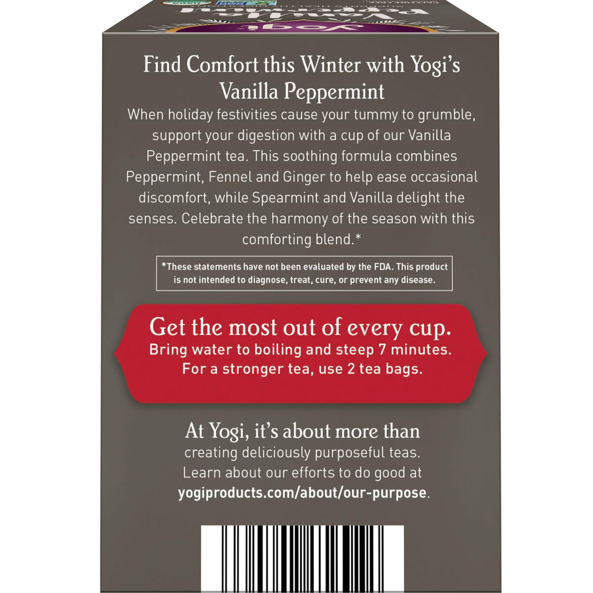Steaming cup of Yogi Vanilla Peppermint tea to unwind after meals