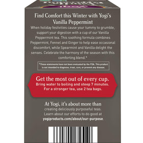 Steaming cup of Yogi Vanilla Peppermint tea to unwind after meals