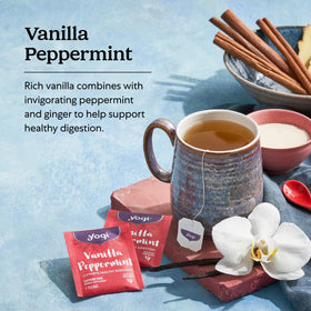 Label highlights organic vegan ingredients in Yogi Vanilla Peppermint Tea