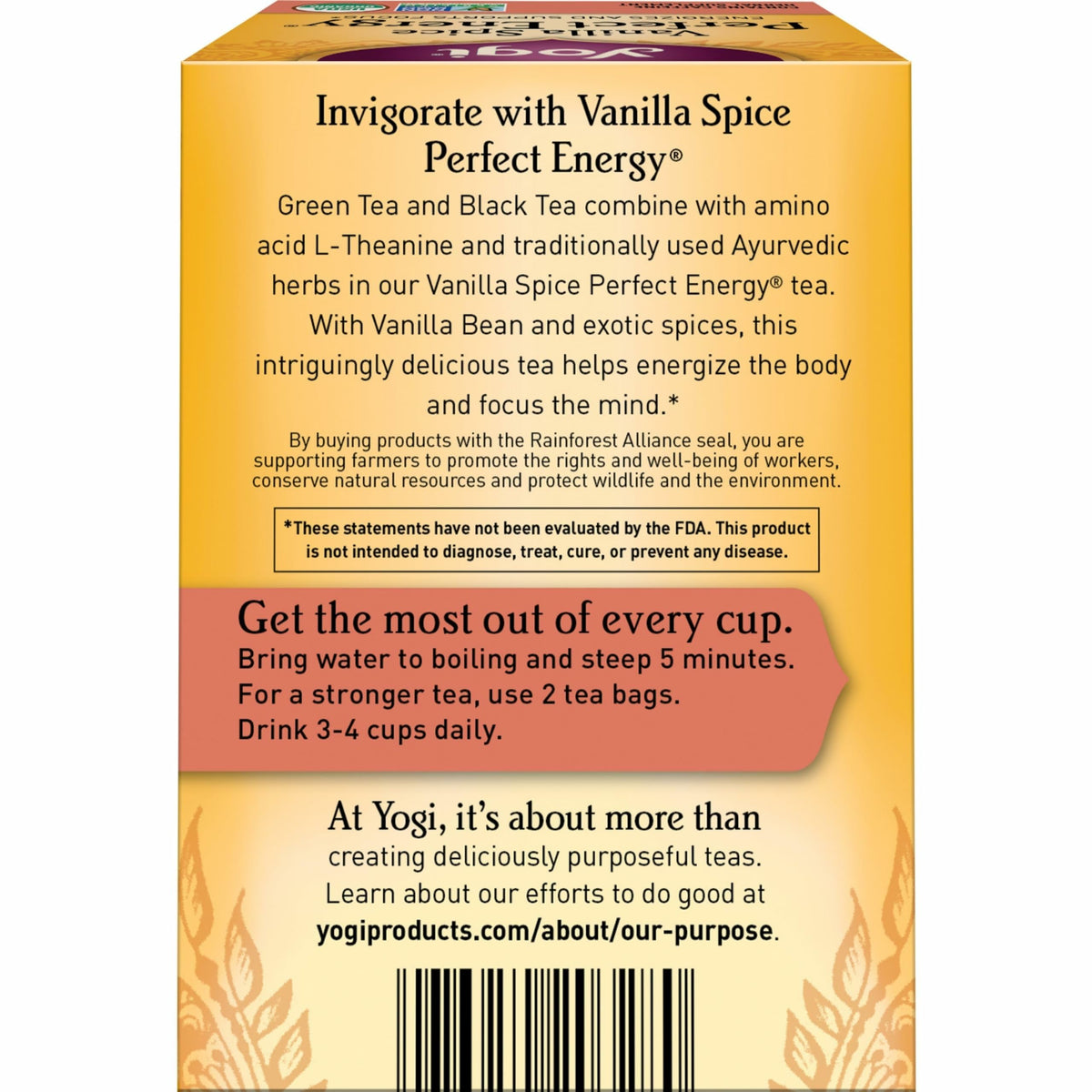 Brewed cup of Yogi Vanilla Spice with inviting aroma and energy