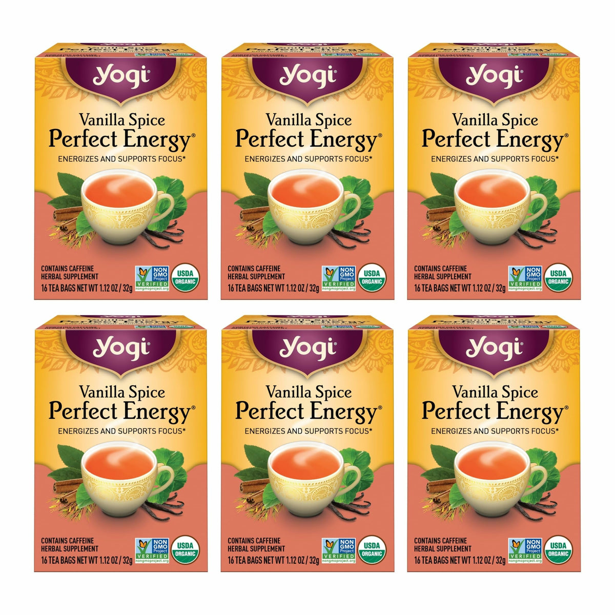 Yogi Vanilla Spice Perfect Energy Tea packaging highlights organic branding for focus
