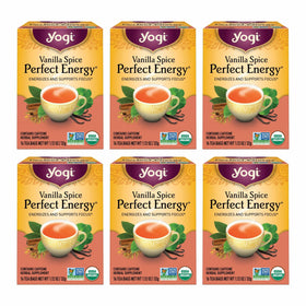 Yogi Vanilla Spice Perfect Energy Tea packaging highlights organic branding for focus