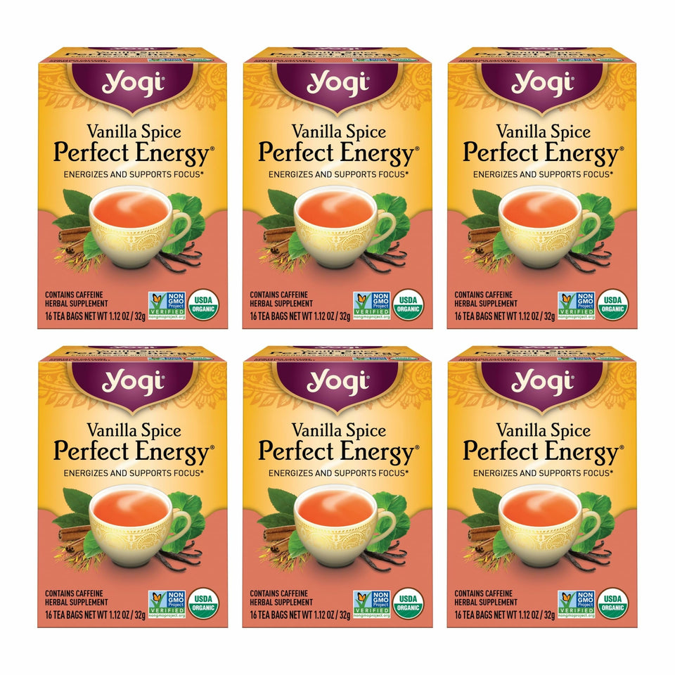 Yogi Vanilla Spice Perfect Energy Tea packaging highlights organic branding for focus