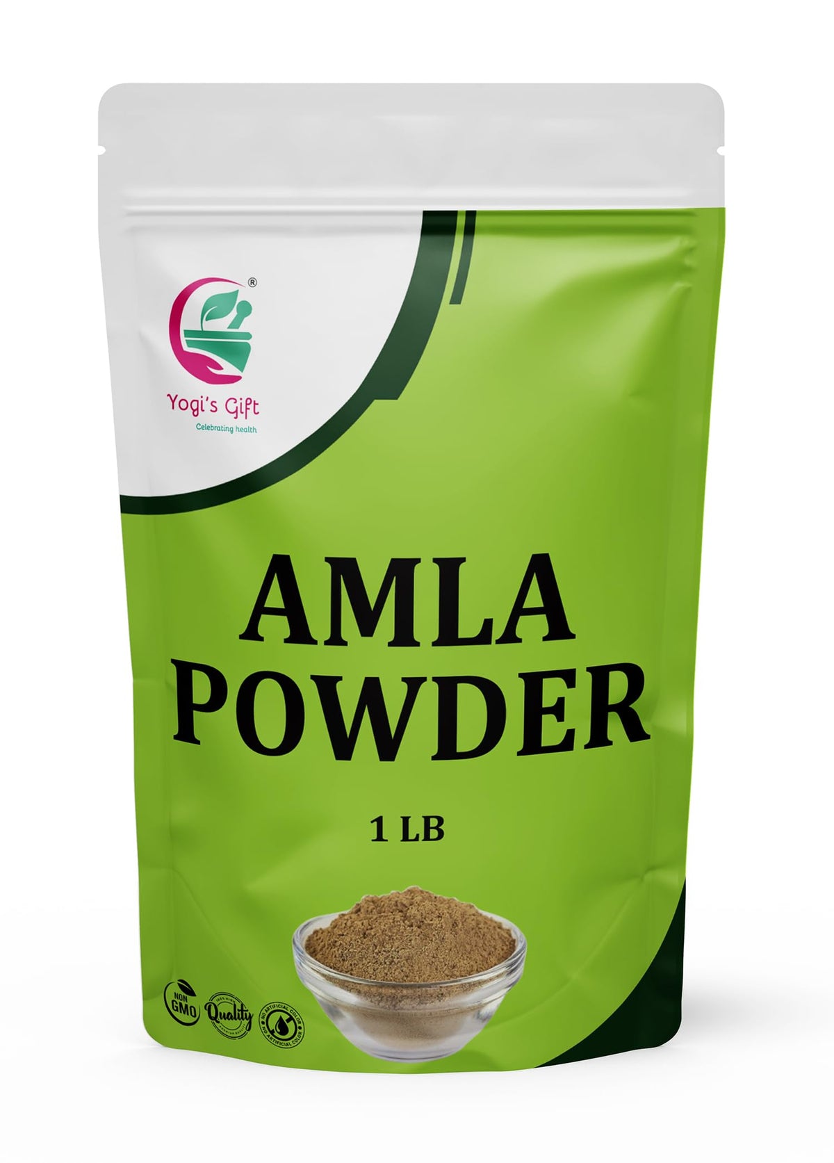 Yogi's Gift Amla Powder in resealable bag for fresh daily use.