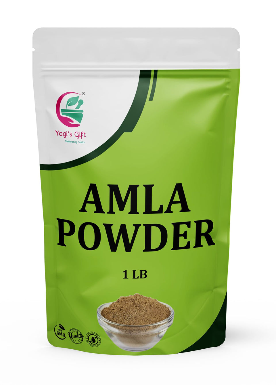 Yogi's Gift Amla Powder in resealable bag for fresh daily use.