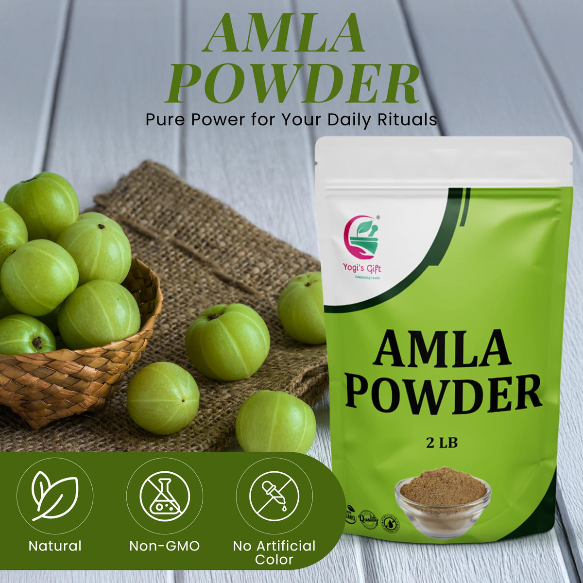 YOGI’S GIFT Amla powder whisked into smoothie for natural vitamin boost.