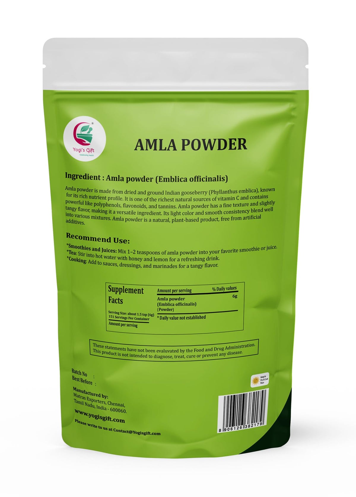 YOGI’S GIFT Amla powder sun-dried gooseberries in jar, ideal for beauty routines.
