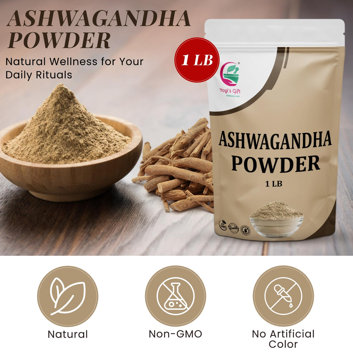 Measuring scoop with Ashwagandha powder ready for smoothies and recipes.