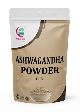 Yogi’s Gift Ashwagandha powder packaging closeup highlighting freshness and bulk value.