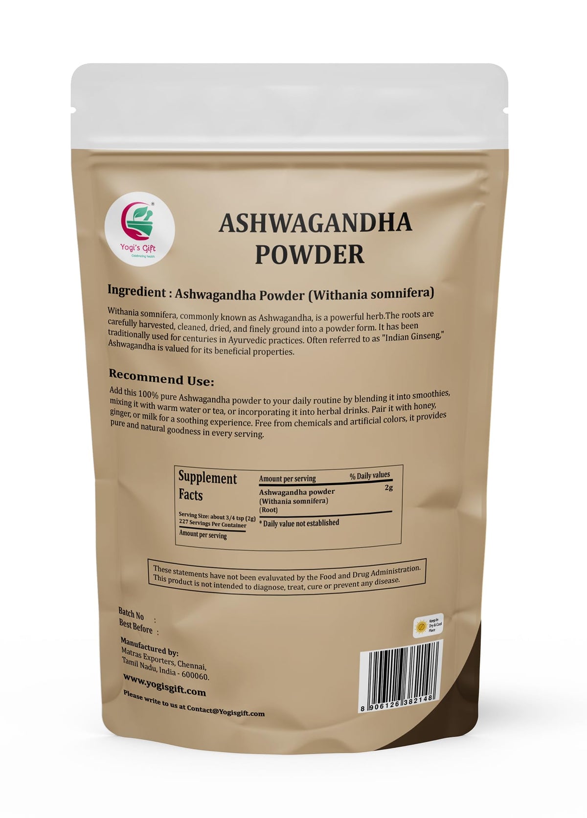 Yogi’s Gift Ashwagandha powder being poured into a cup for easy tea mixing.