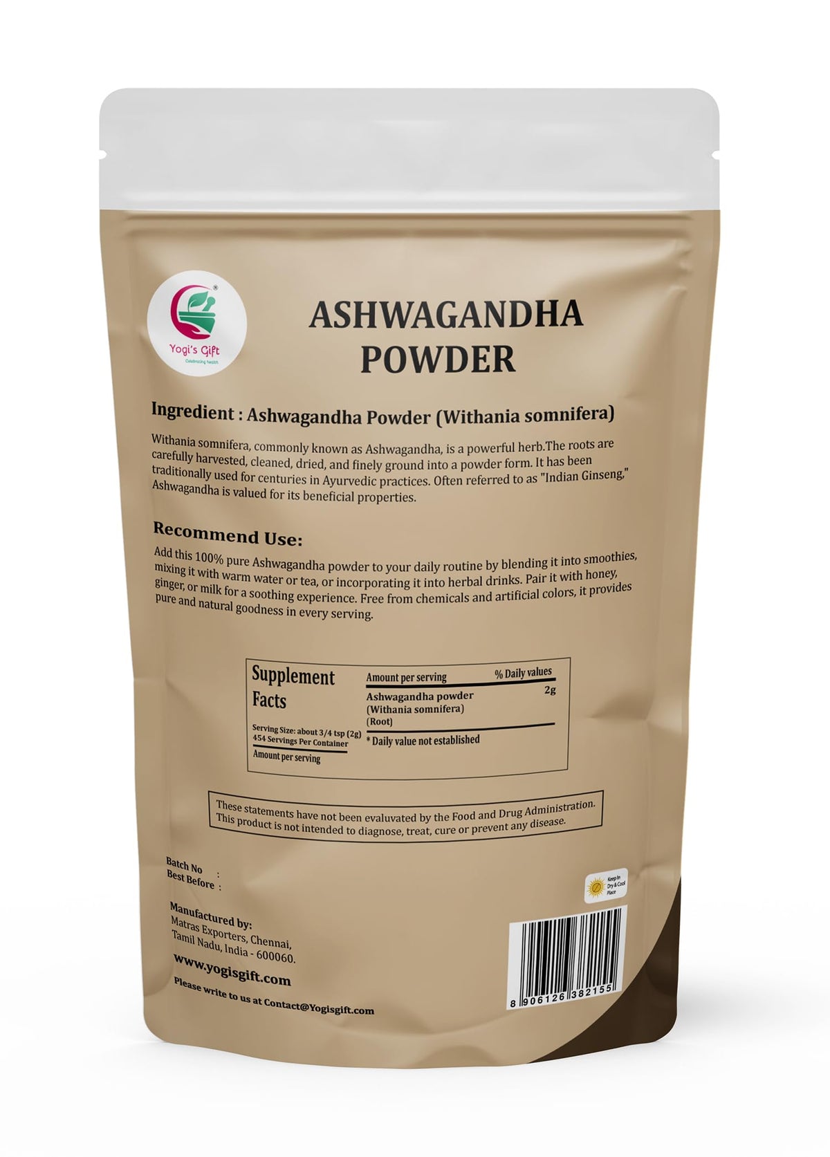 Yogi’s Gift Ashwagandha powder closeup, finely ground texture for smoothies
