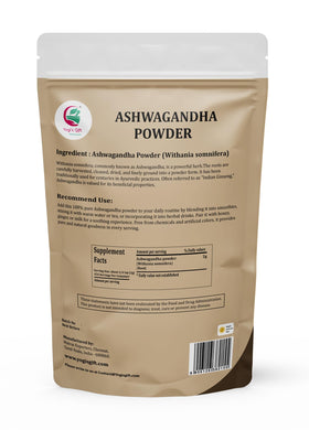 Yogi’s Gift Ashwagandha powder closeup, finely ground texture for smoothies