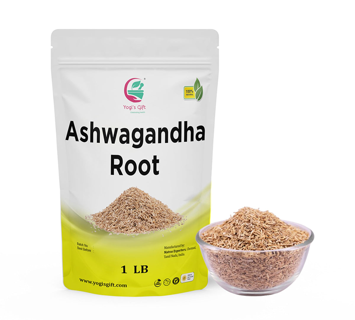 Yogi's Gift Ashwagandha root 1lb bundle closeup for tea preparation