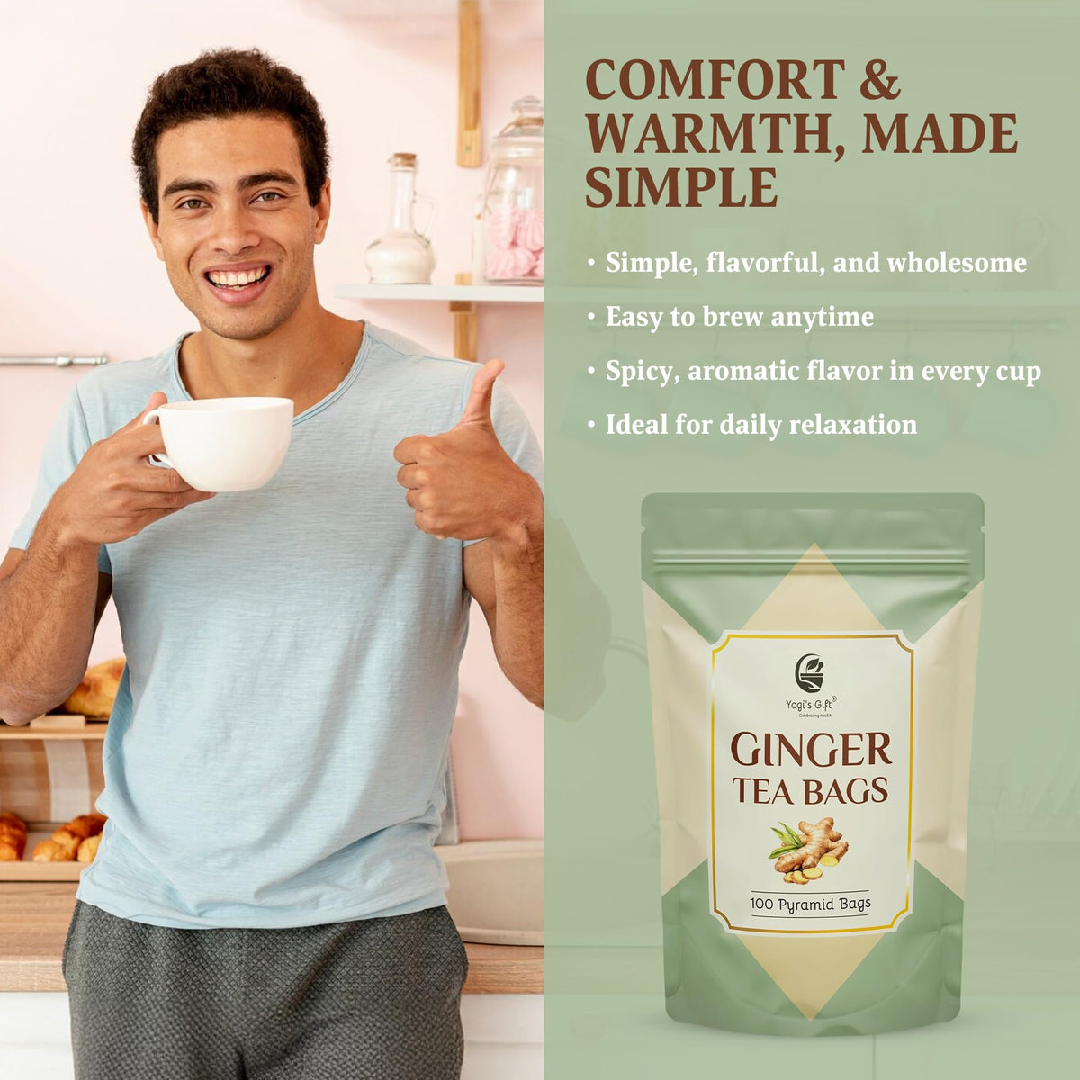 Yogi's Gift ginger tea: steep one bag in hot water for 5 to 7 minutes