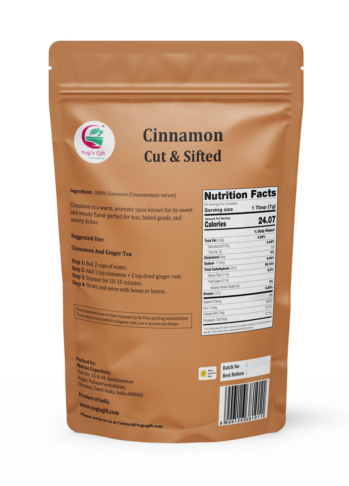 Yogi’s Gift crushed cinnamon bark tea-infusion; enhances hot beverages