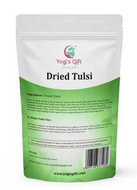 Yogi's Gift dried tulsi leaves close-up with fragrant aroma and minty notes