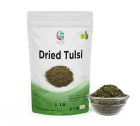 Yogi's Gift dried tulsi leaves packaging showing premium herbal tea for daily calm