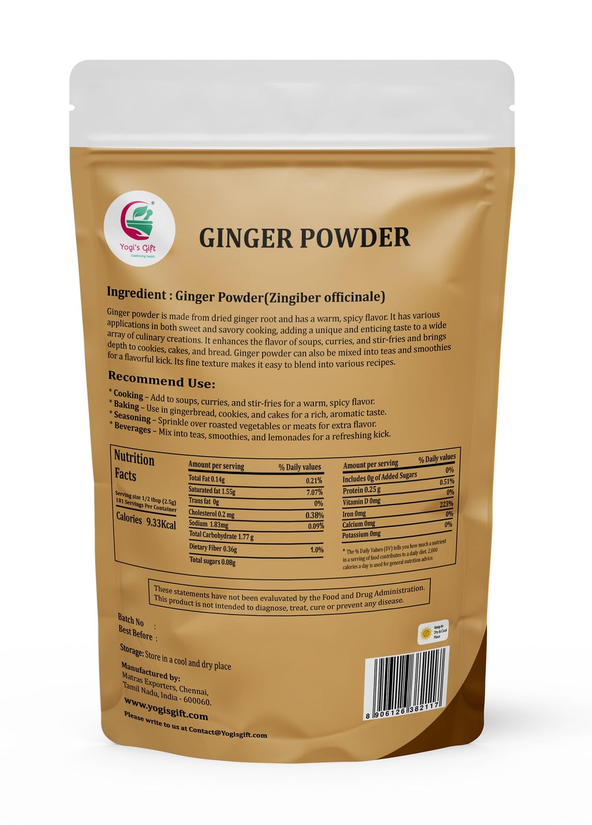 Yogi's Gift Ginger Powder aroma closeup showcases premium texture for soups and baking.