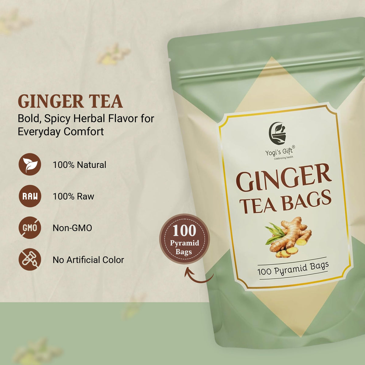 Yogi's Gift ginger tea bags brewed hot or iced for warming or refreshing experience