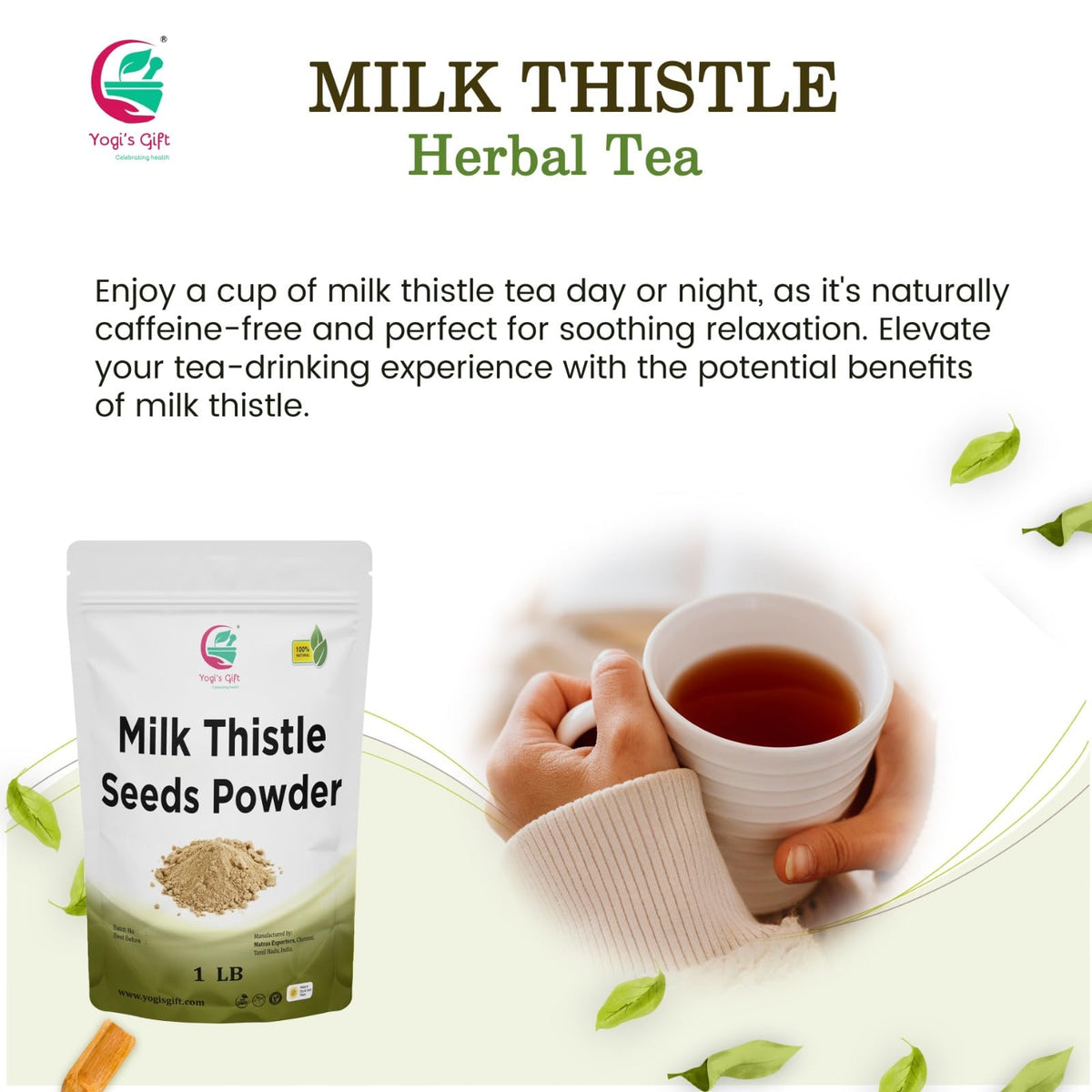 Yogi’s Gift Milk Thistle Seed Powder back view showing compact storage.