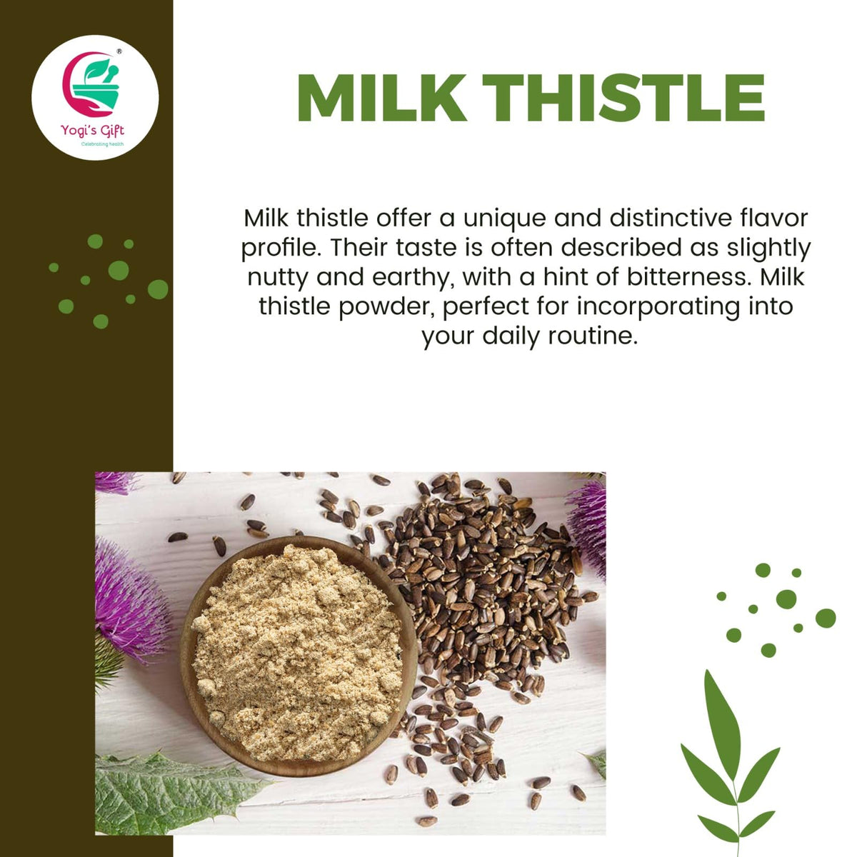 Yogi’s Gift Milk Thistle Seed Powder spoon measures servings.
