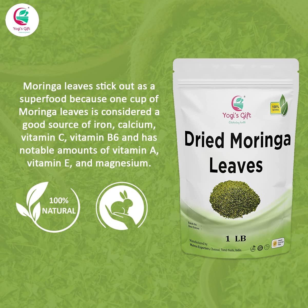 Yogi's Gift Moringa ground powder for smoothies and recipes