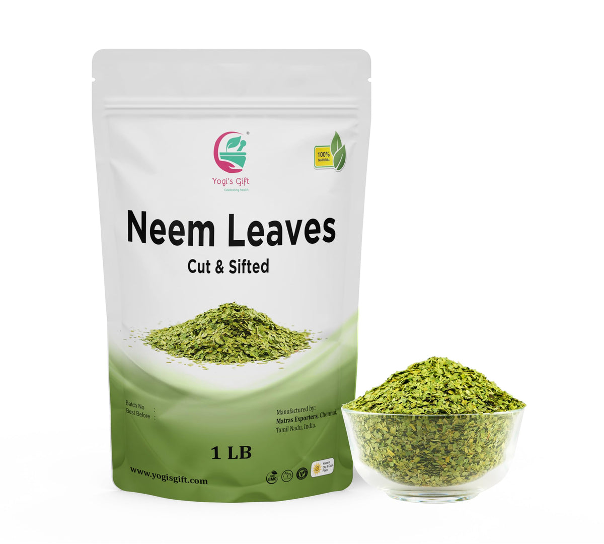 Yogi’s Gift neem leaves cut and sifted for tea infusion.