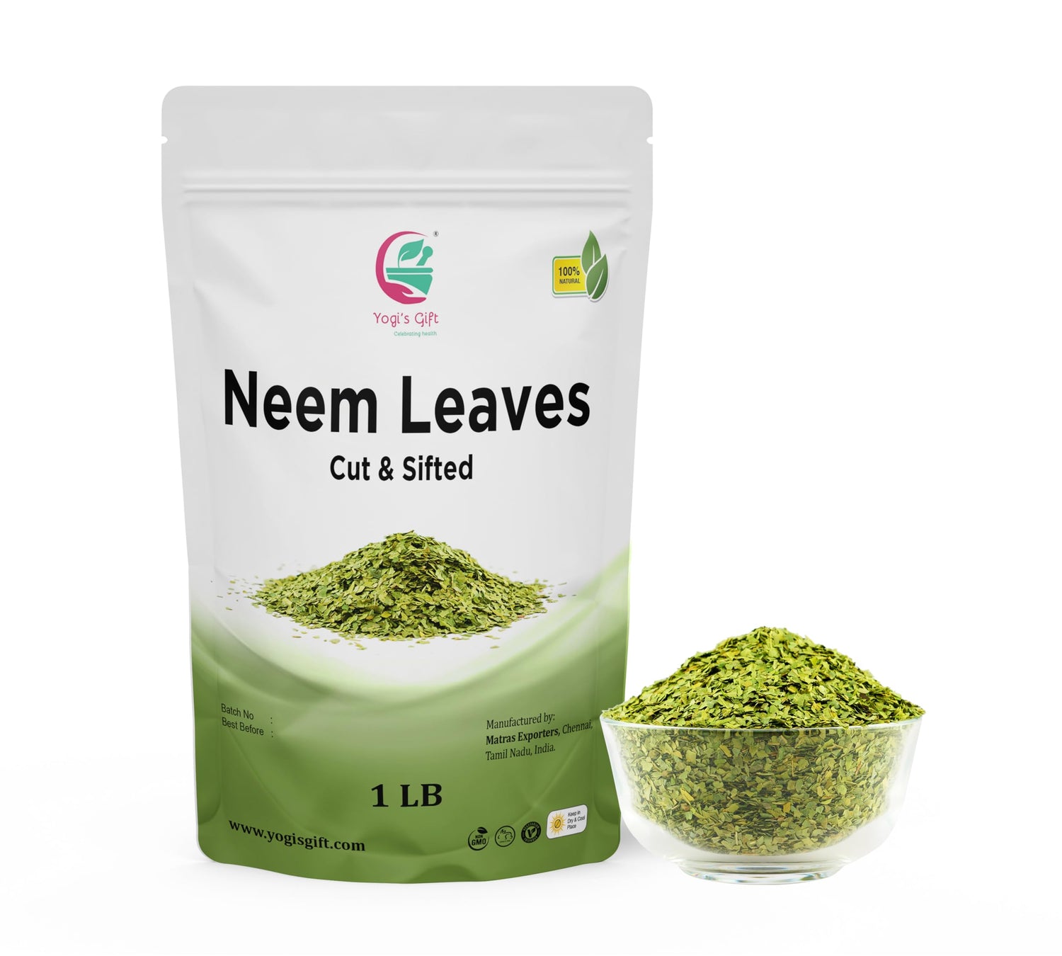 Yogi’s Gift neem leaves cut and sifted for tea infusion.