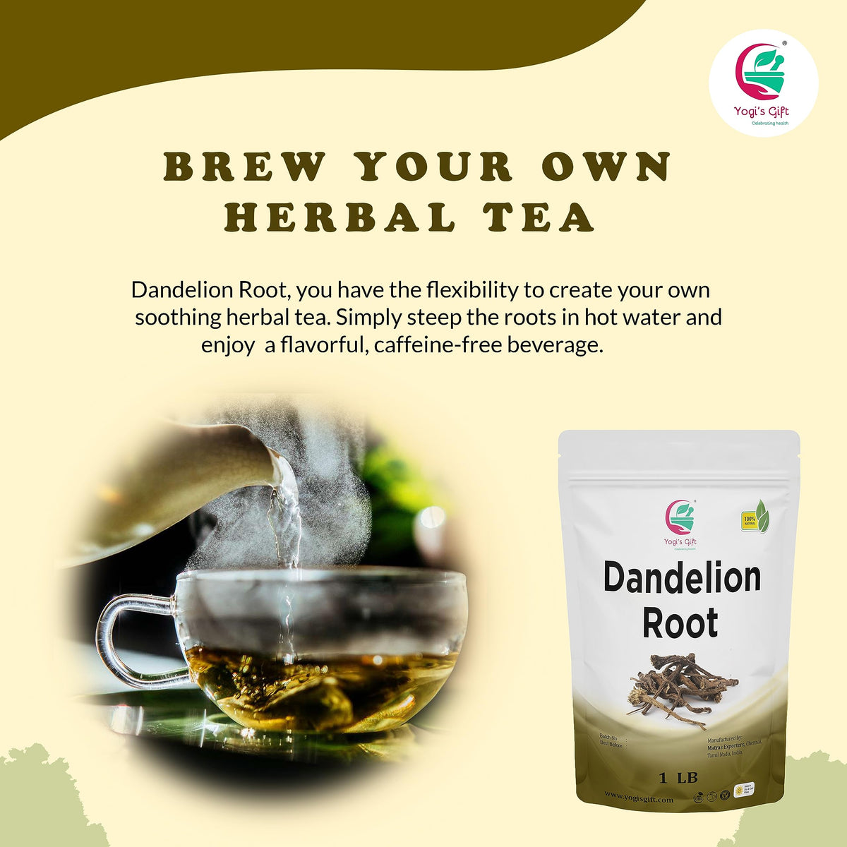Yogi's Gift roasted dandelion root as a caffeine-free coffee substitute.