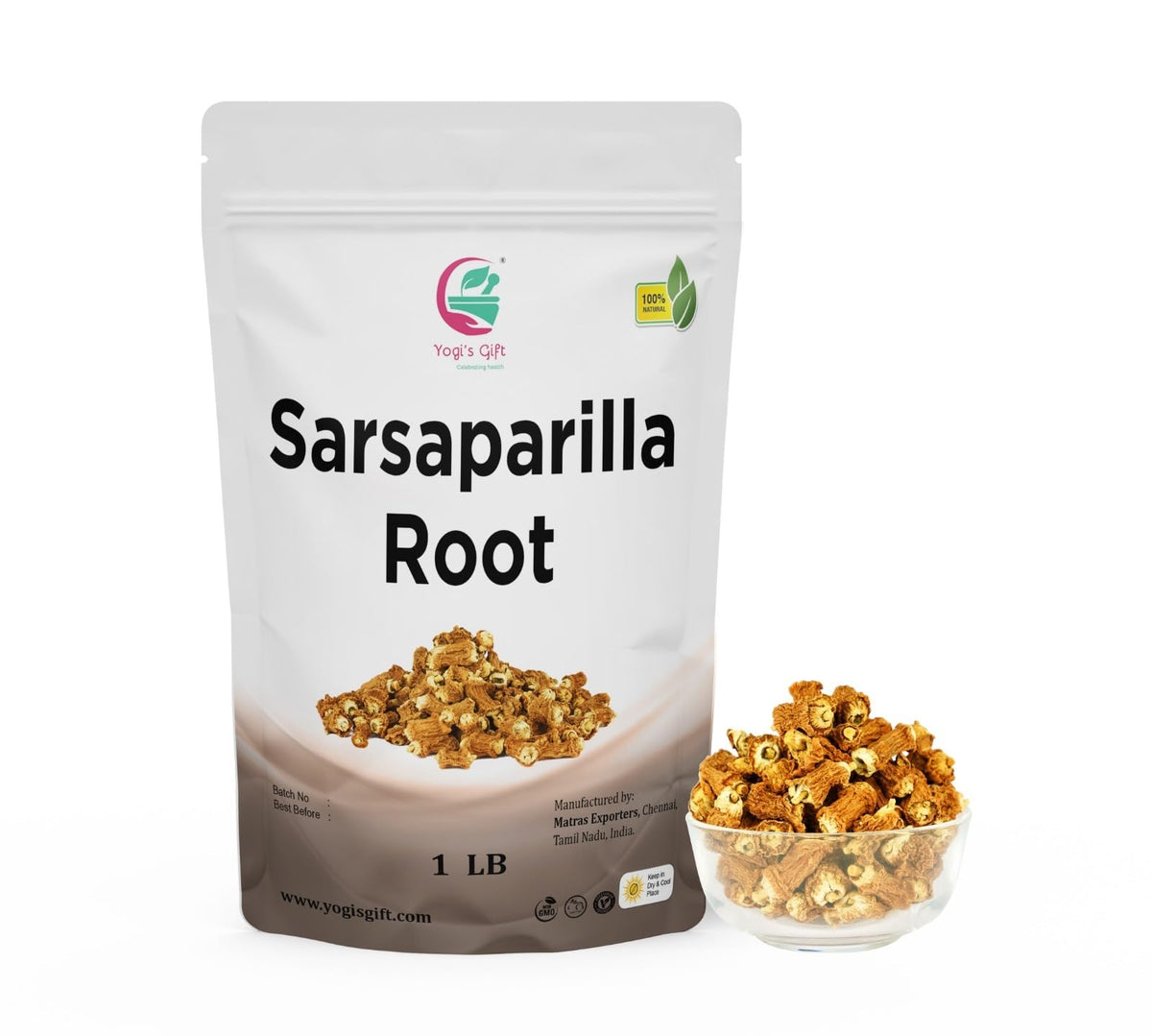Yogi’s Gift Sarsaparilla Root whole 1lb packaging showing earthy roots for beverages