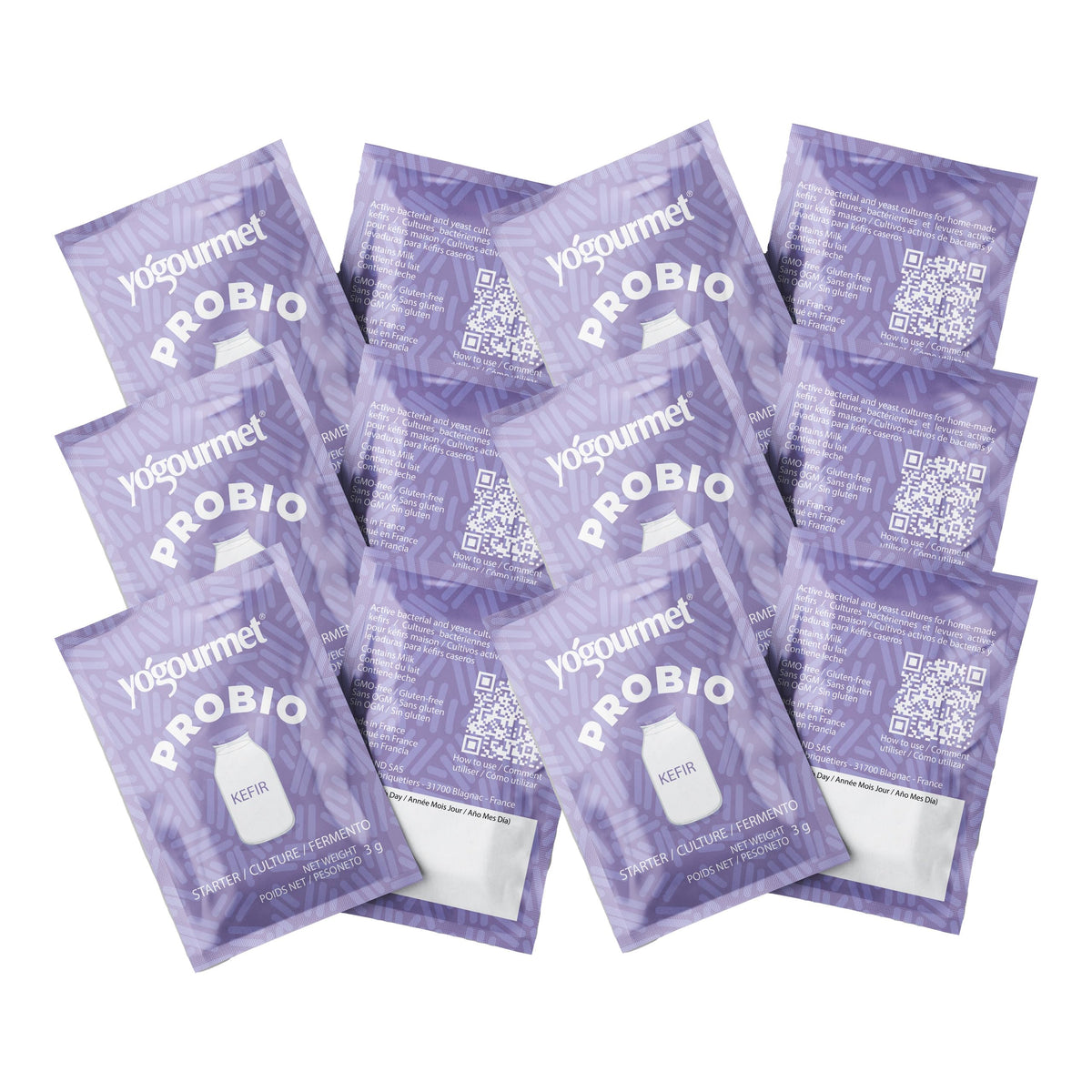 Yogourmet Kefir Starter 12-pack sachets ready to brew fresh kefir at home.