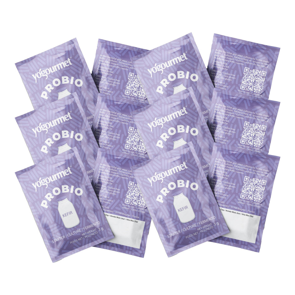Yogourmet Kefir Starter 12-pack sachets ready to brew fresh kefir at home.