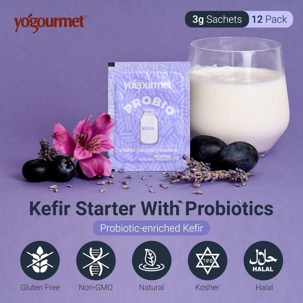 Close-up of Yogourmet Kefir Starter sachets for everyday fermentation.