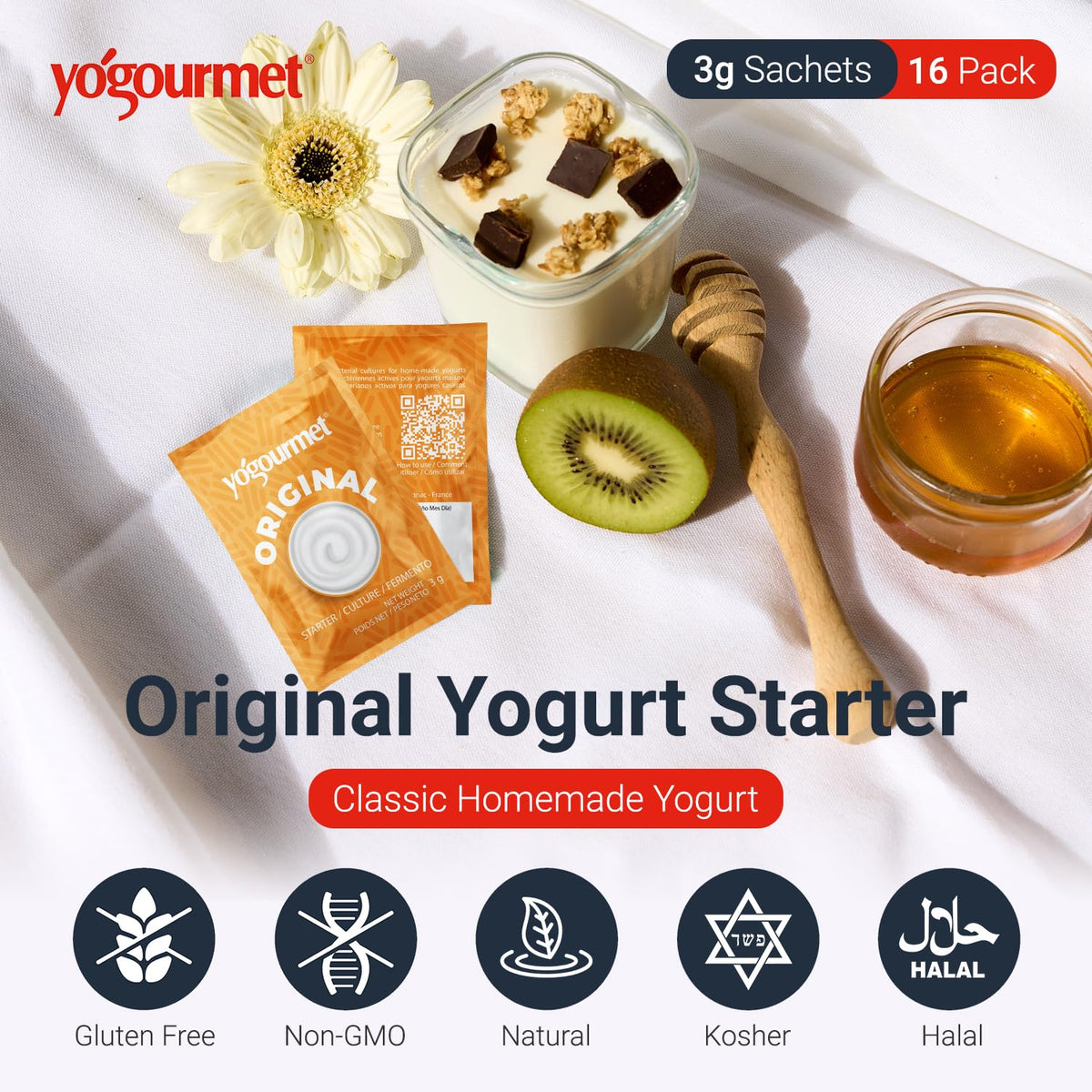 Close-up sachets of Yogourmet starter ready to mix.