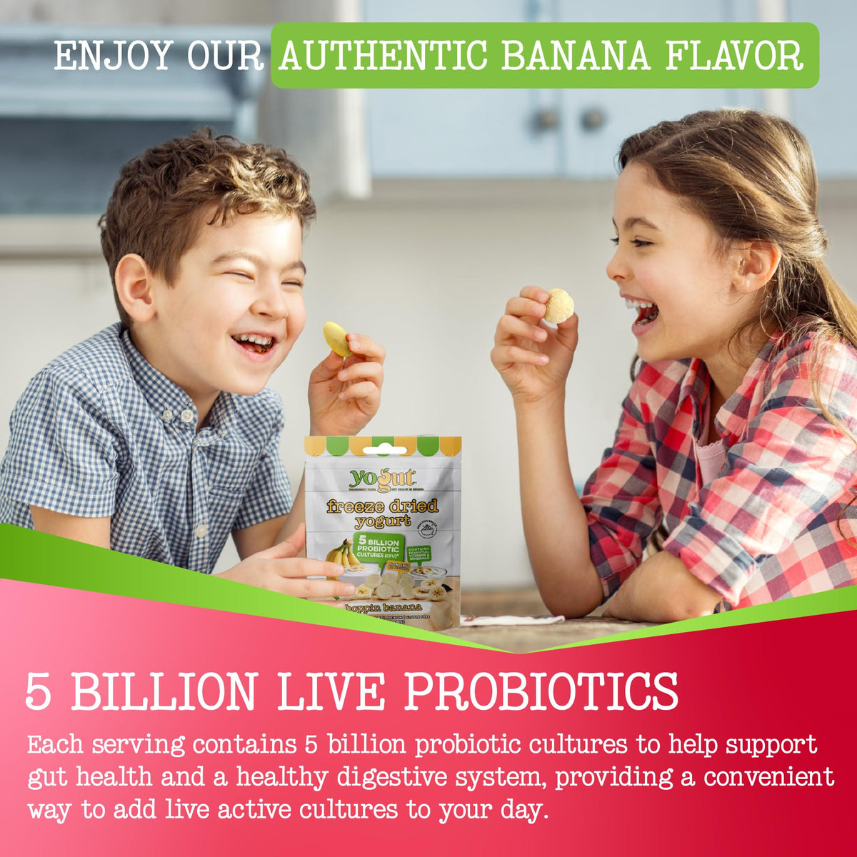YoGut banana flavor display: gluten free treat for kids and adults.