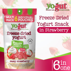 YoGut single-serve packs show strawberry yogurt melts for a crunchy probiotic snack.